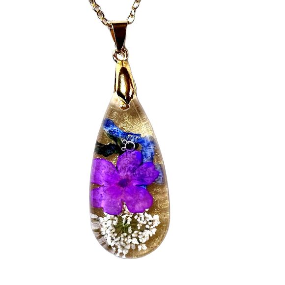 Colorful Dried Flower Resin Pendant Necklace Artisan Made NWT 20" Chain - Picture 1 of 5